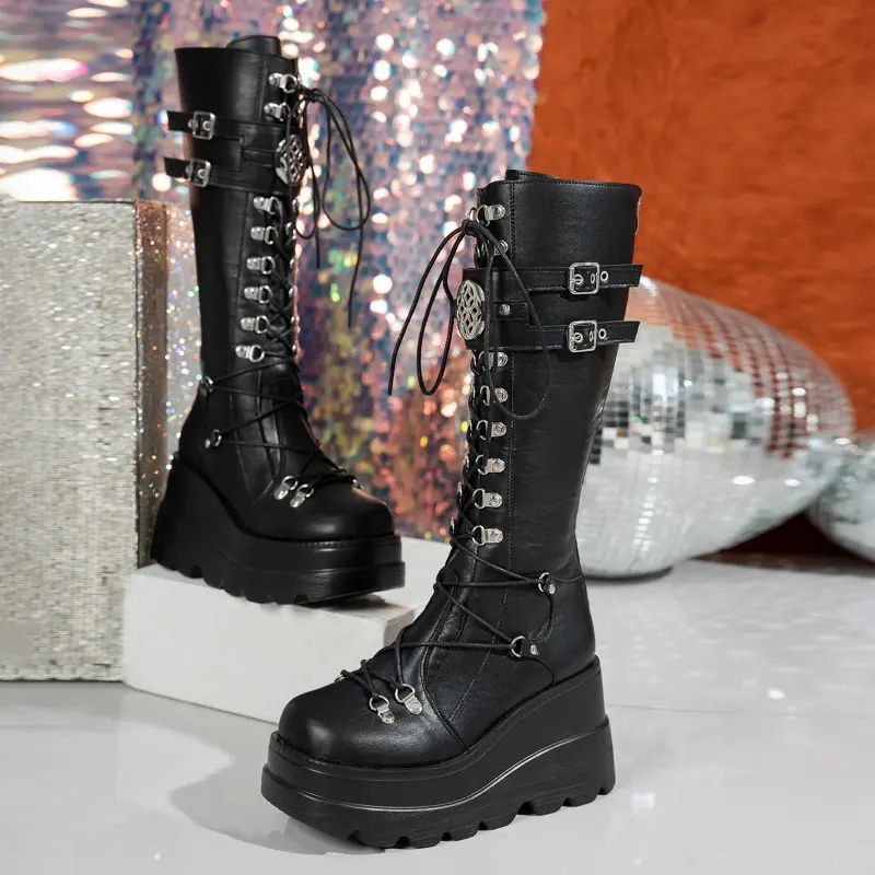 Ultra-high Platform Single Boots Women's Autumn and Winter New Round Toe Lace-up Metal Buckle Platform High Boots