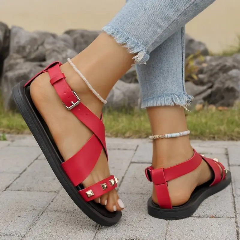 Summer New Sandals Women's Fashion Round Head Open Toe Rivets Metal Buckle Soft Sole Non-slip Flat Shoes