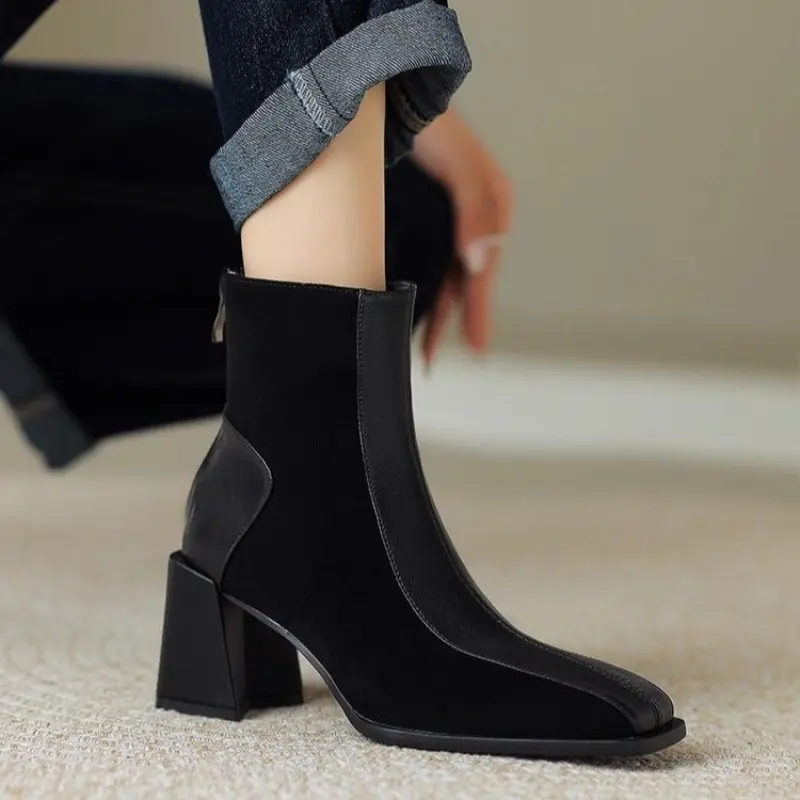 Block Heel Single Boots Women's Fashion Square Toe Spliced Suede Rear Zipper Non-Slip Wear-Resistant Short-Thigh Heels