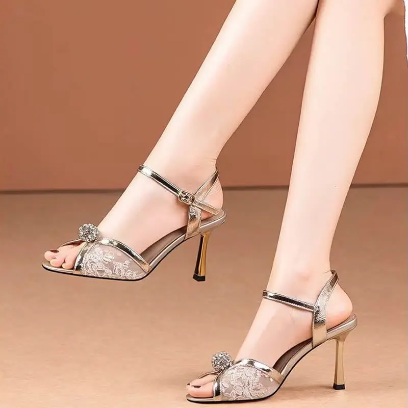 Women's Stiletto Sandals Round Head Open Toe Embroidered Mesh Fabric Line with Anti-slip Wear-resistant High Heels