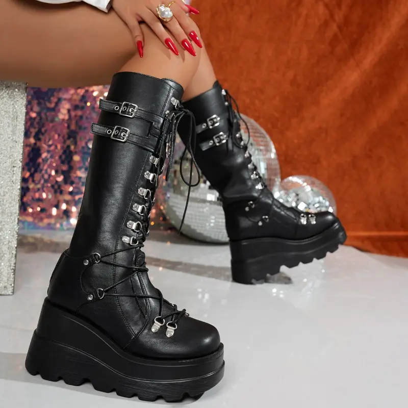Ultra-high Platform Single Boots Women's Autumn and Winter New Round Toe Lace-up Metal Buckle Platform High Boots