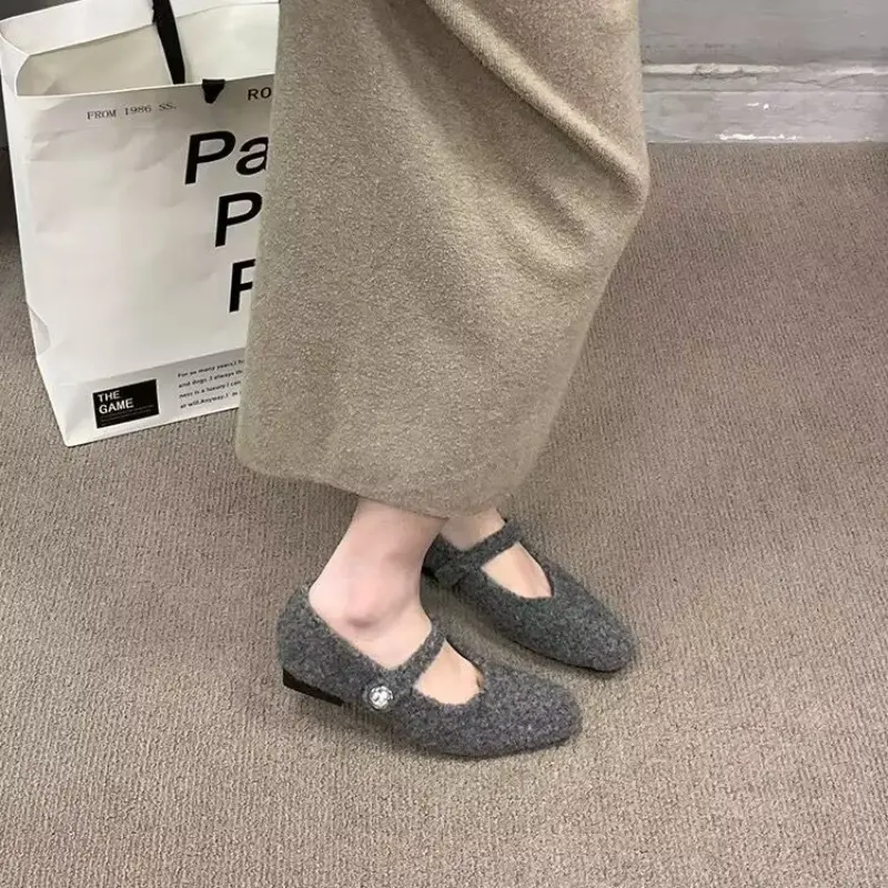 Women's Thick Heel Cotton Shoes Winter New Square Head Shallow Mouth Suede Soft Sole Anti-slip Wear-resistant Low-top Shoes
