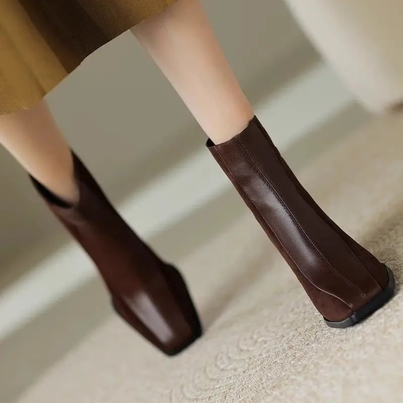 Block Heel Single Boots Women's Fashion Square Toe Spliced Suede Rear Zipper Non-Slip Wear-Resistant Short-Thigh Heels
