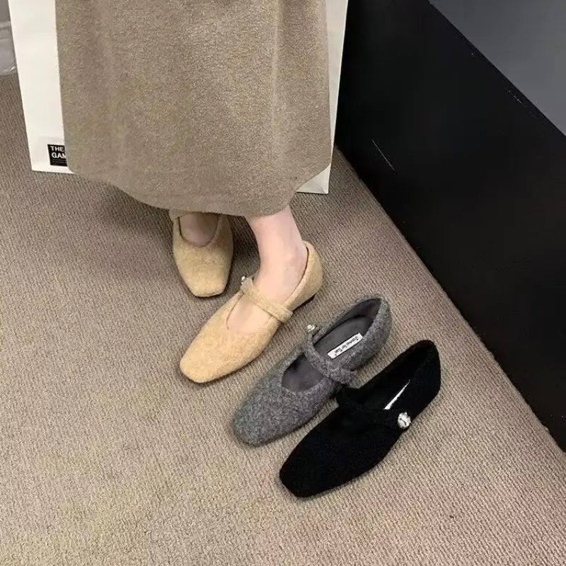 Women's Thick Heel Cotton Shoes Winter New Square Head Shallow Mouth Suede Soft Sole Anti-slip Wear-resistant Low-top Shoes