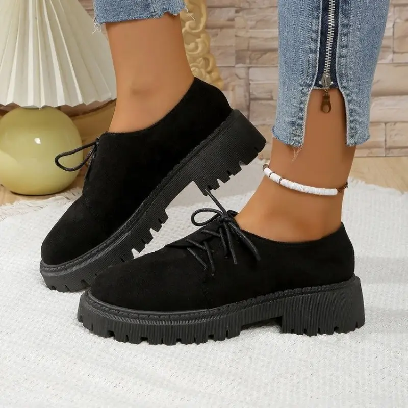 Women's Thick Heel Shoes Spring New Round Head Splicing Suede Front Strap Thick Sole Anti-slip Wear-resistant Loafers