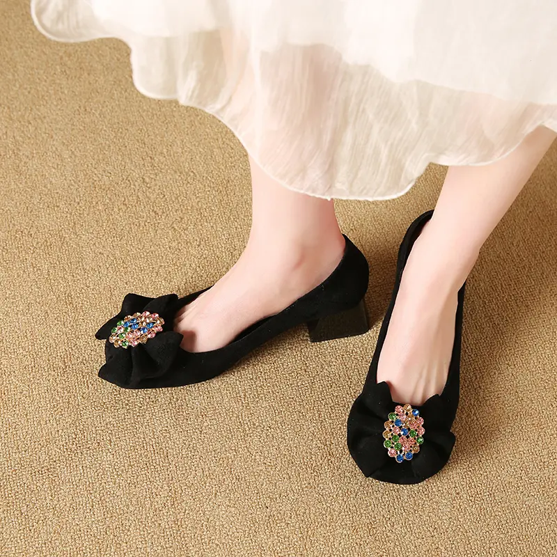 Sweet Single Shoes Summer New Square Head Shallow Mouth Crystal Buckle Butterfly Knot Anti-slip Wear-resistant Heel Shoes