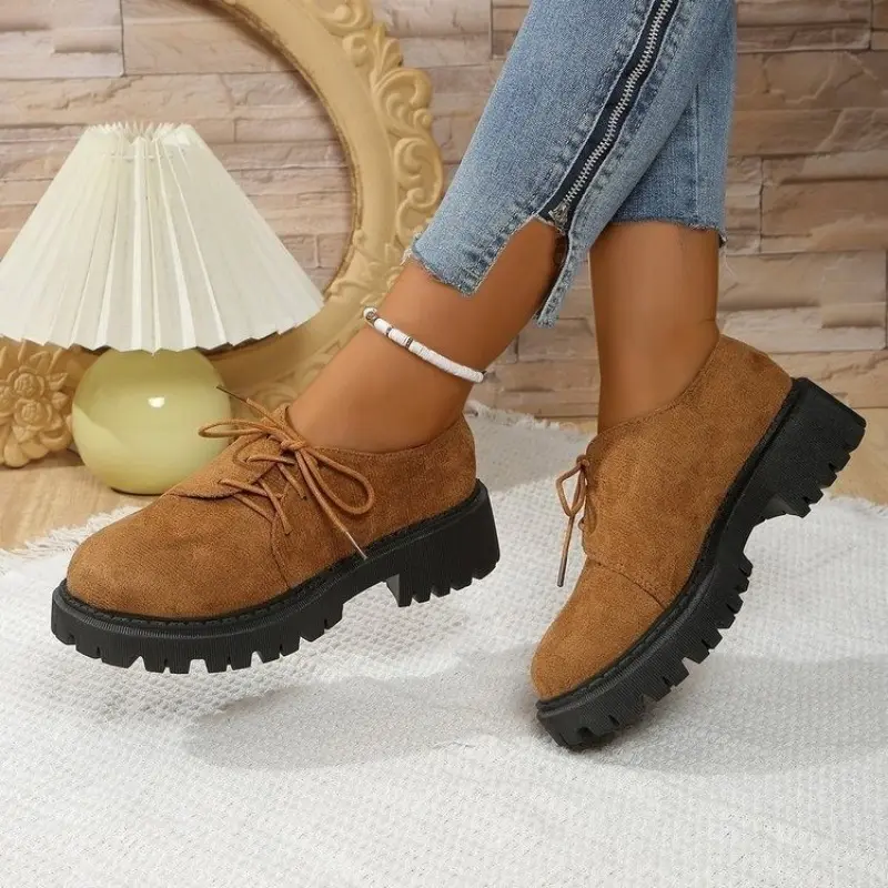 Women's Thick Heel Shoes Spring New Round Head Splicing Suede Front Strap Thick Sole Anti-slip Wear-resistant Loafers