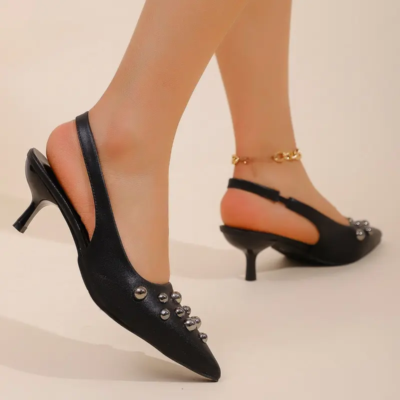Women's Fashion Baotong Sandals Spring Shallow-mouth Rivet Line with Anti-slip Wear-resistant Fine Heel Kitten Shoes