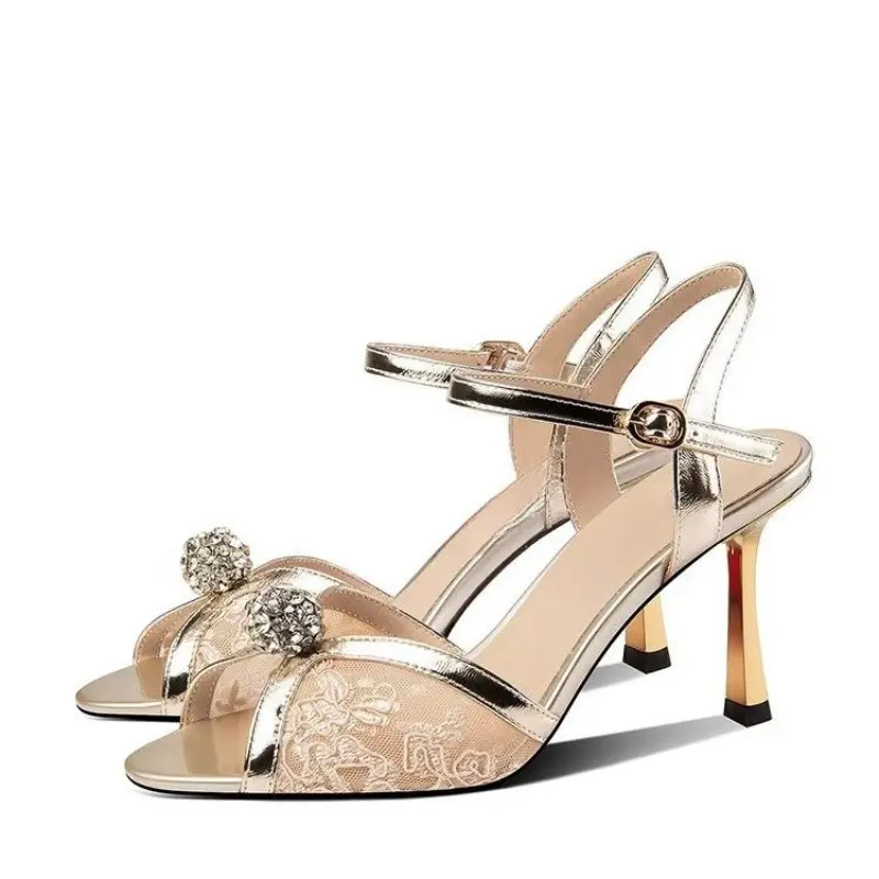 Women's Stiletto Sandals Round Head Open Toe Embroidered Mesh Fabric Line with Anti-slip Wear-resistant High Heels
