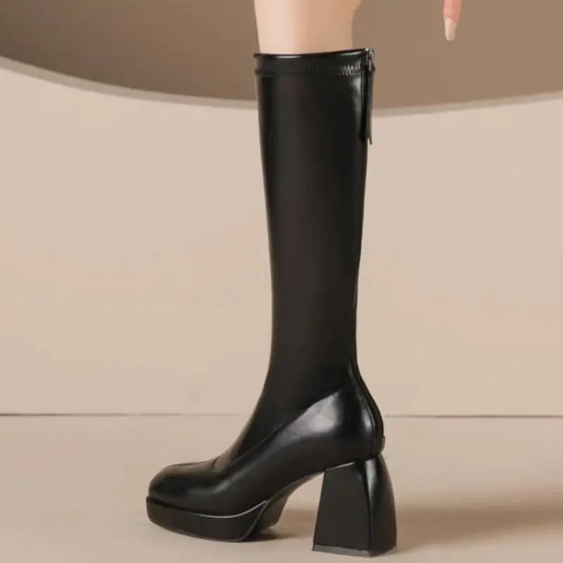 Women's Fashion Thick Heel Cotton Boots Winter New Sleeve Back Zipper Thick Sole Anti-slip Wear-resistant High Boots