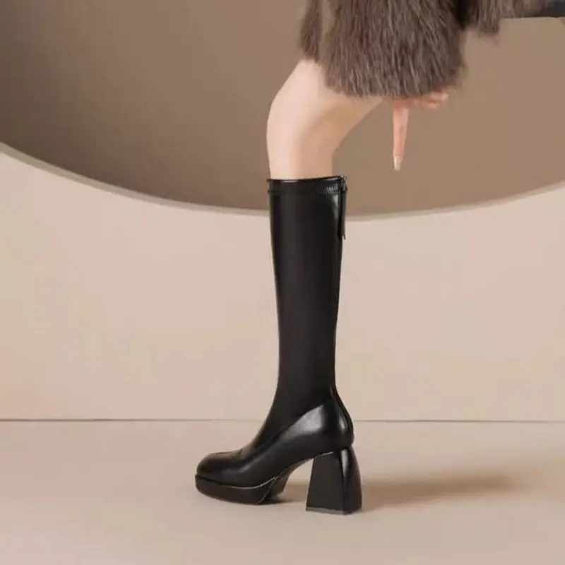 Women's Fashion Thick Heel Cotton Boots Winter New Sleeve Back Zipper Thick Sole Anti-slip Wear-resistant High Boots