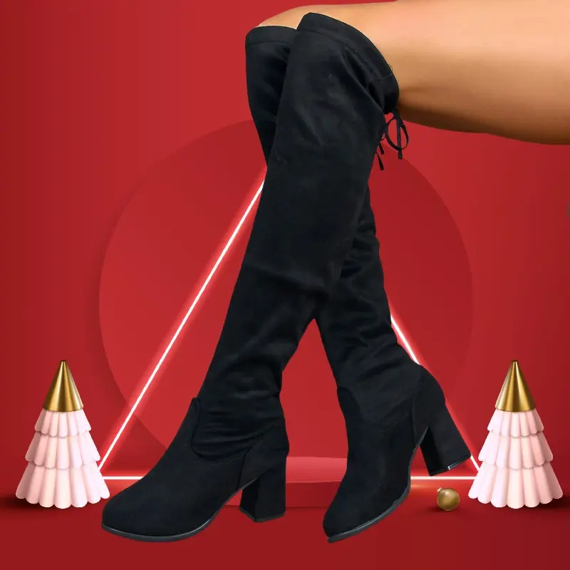 Women's Thick Heel Cotton Boots Winter New Round Head Suede Back Lace-up Anti-slip Wear-resistant Over-the-knee Boots