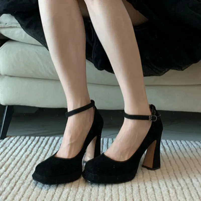 Women's Fashion Thick Heel Shoes Autumn New Square Head Shallow Mouth Suede Thick Sole Anti-slip Wear-resistant High Heels