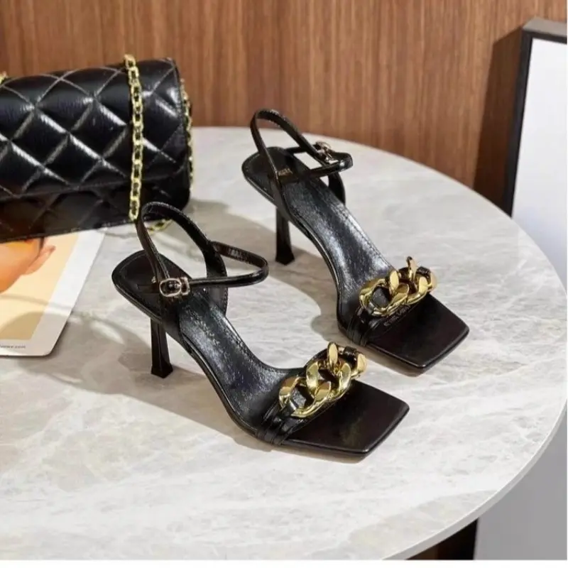 Summer New Large Chain High Heels Women's Square Toe Open Toe One Strap Stiletto Temperament Non-slip Sandals