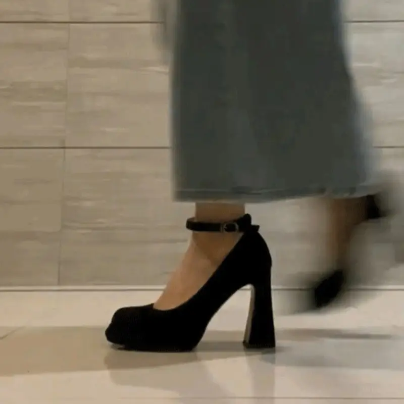 Women's Fashion Thick Heel Shoes Autumn New Square Head Shallow Mouth Suede Thick Sole Anti-slip Wear-resistant High Heels