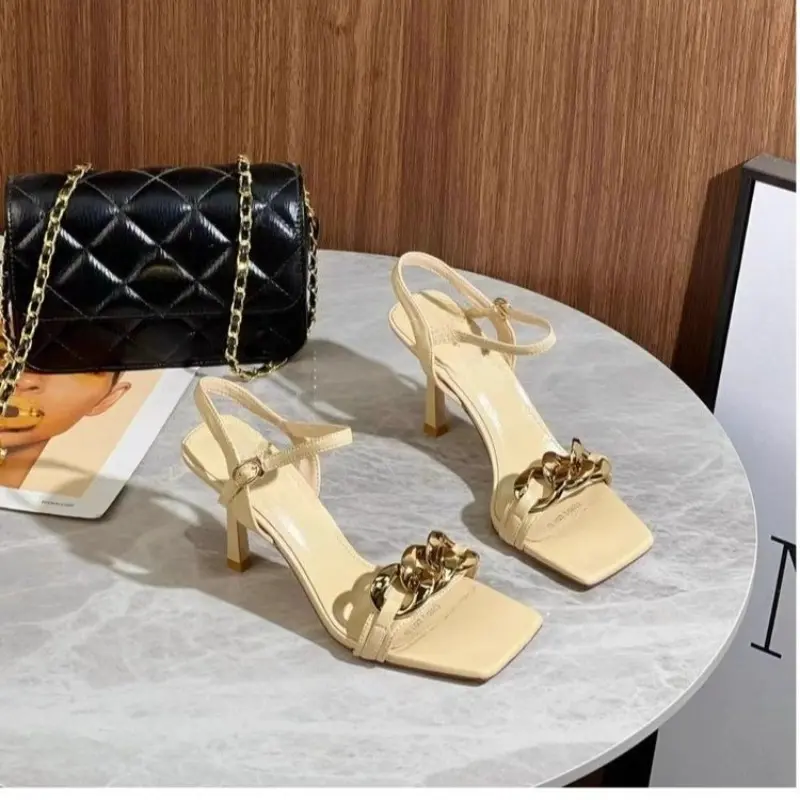 Summer New Large Chain High Heels Women's Square Toe Open Toe One Strap Stiletto Temperament Non-slip Sandals