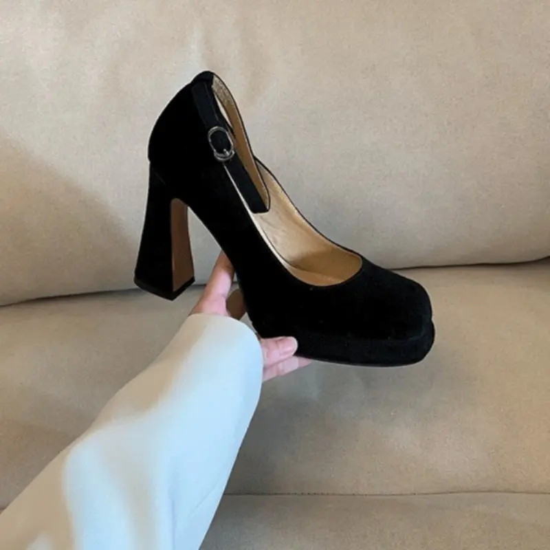 Women's Fashion Thick Heel Shoes Autumn New Square Head Shallow Mouth Suede Thick Sole Anti-slip Wear-resistant High Heels
