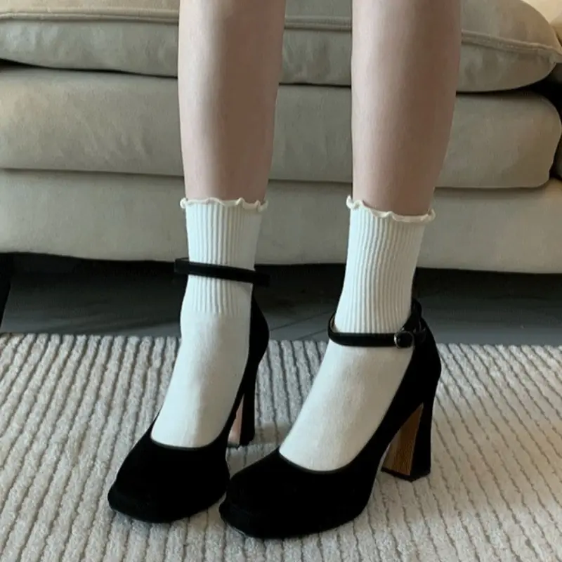 Women's Fashion Thick Heel Shoes Autumn New Square Head Shallow Mouth Suede Thick Sole Anti-slip Wear-resistant High Heels