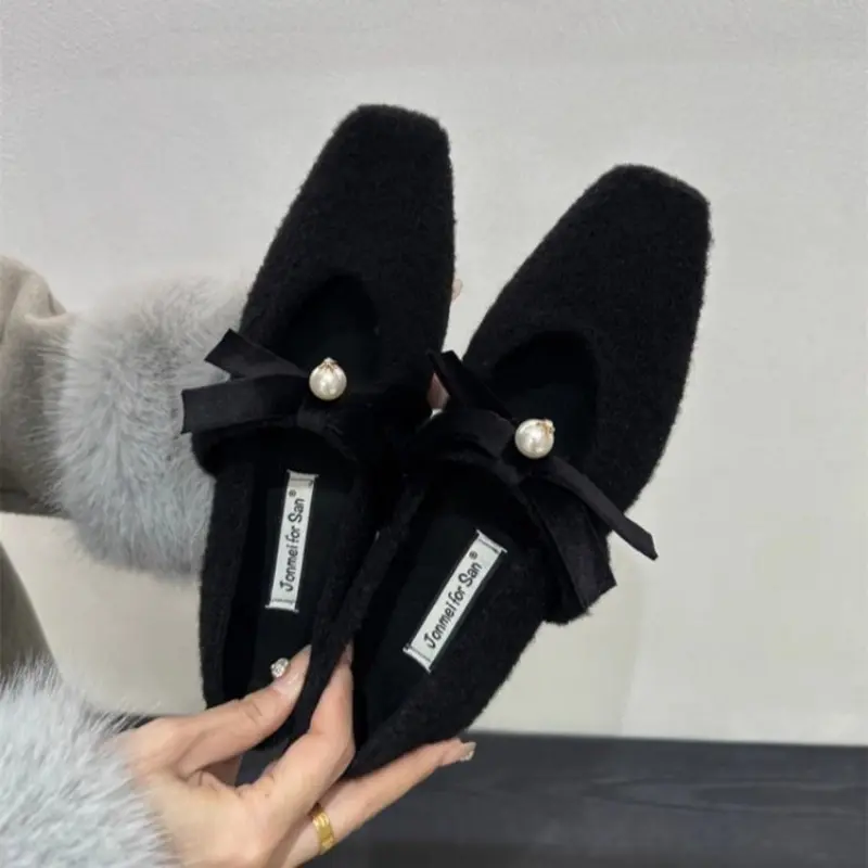 Winter Square with Cotton Shoes Women's Fashion Square Head Shallow Mouth Butterfly Knot Soft Sole Non-slip Low Top Shoes