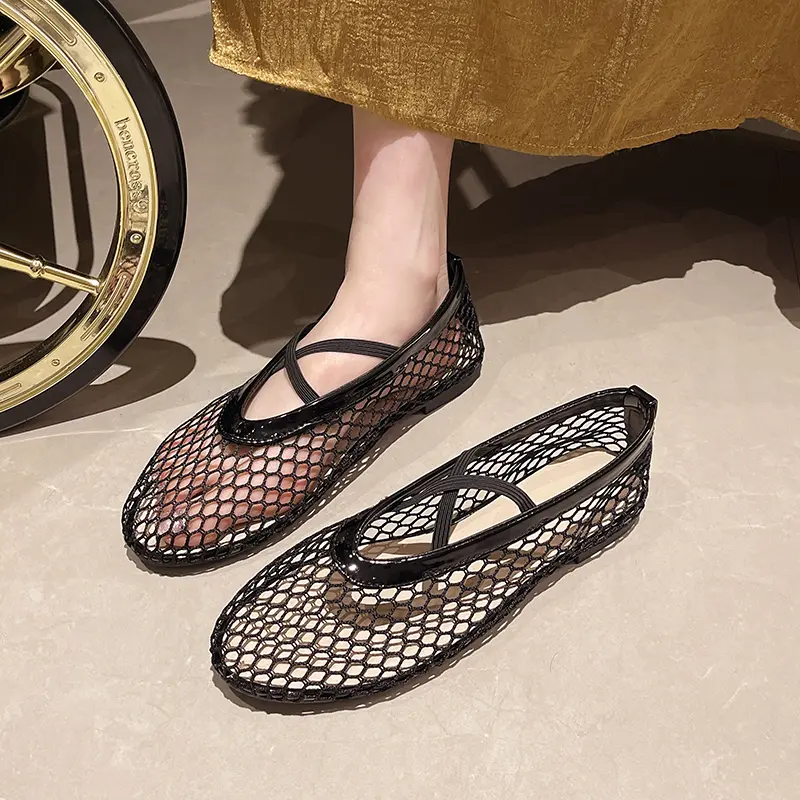 One-line Belt Mesh Woven Hollowed-out Baotou Semi-drag Women's Shoes Summer New Flat-soled Fisherman's Shoes