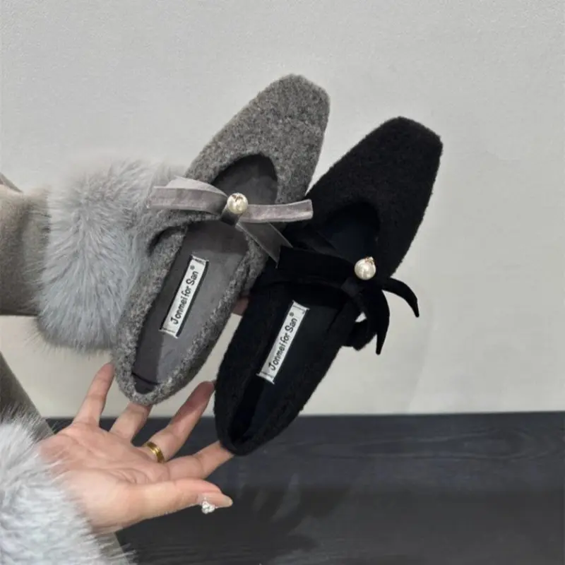 Winter Square with Cotton Shoes Women's Fashion Square Head Shallow Mouth Butterfly Knot Soft Sole Non-slip Low Top Shoes