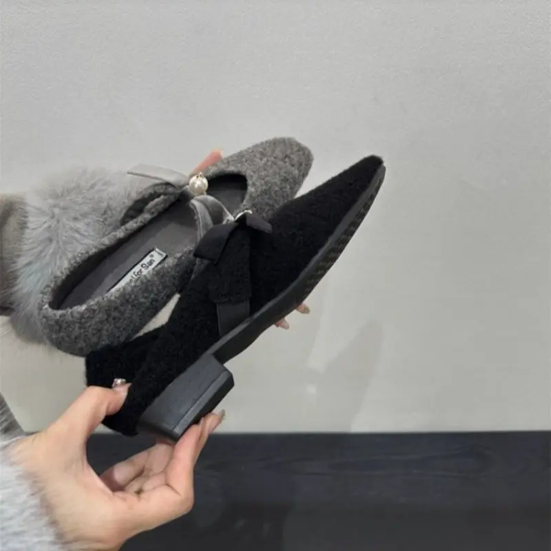 Winter Square with Cotton Shoes Women's Fashion Square Head Shallow Mouth Butterfly Knot Soft Sole Non-slip Low Top Shoes