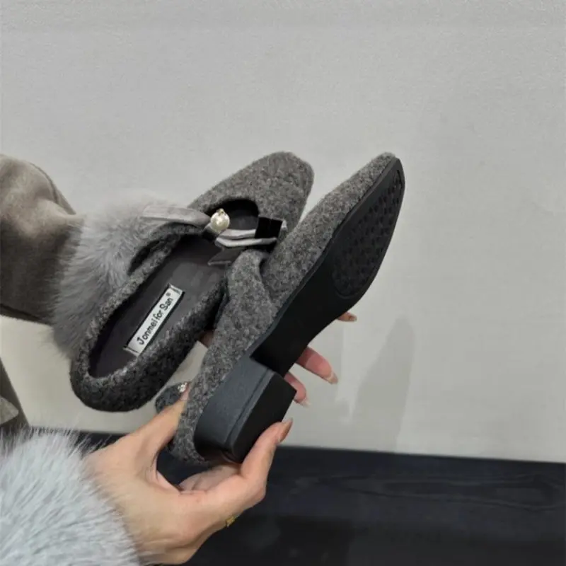 Winter Square with Cotton Shoes Women's Fashion Square Head Shallow Mouth Butterfly Knot Soft Sole Non-slip Low Top Shoes
