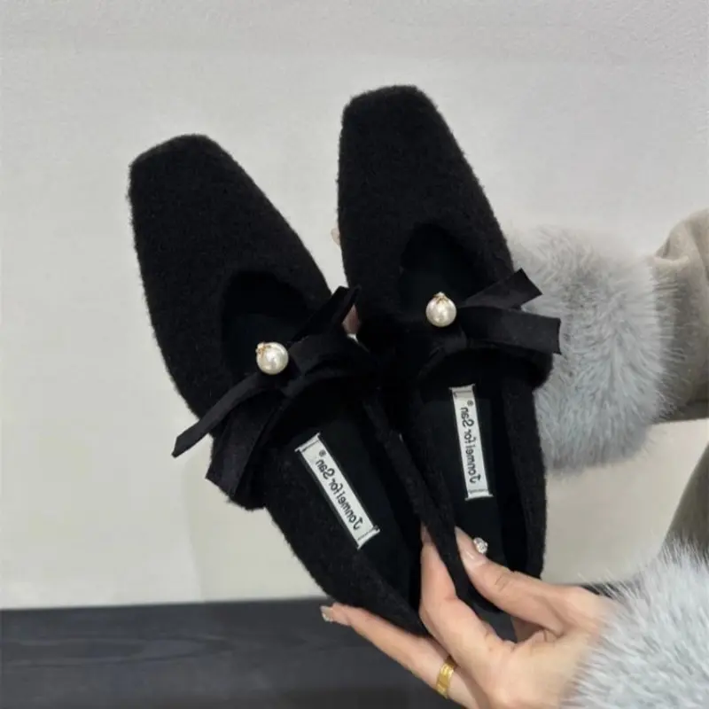 Winter Square with Cotton Shoes Women's Fashion Square Head Shallow Mouth Butterfly Knot Soft Sole Non-slip Low Top Shoes