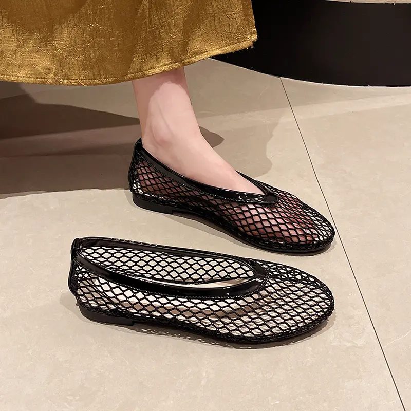 One-line Belt Mesh Woven Hollowed-out Baotou Semi-drag Women's Shoes Summer New Flat-soled Fisherman's Shoes