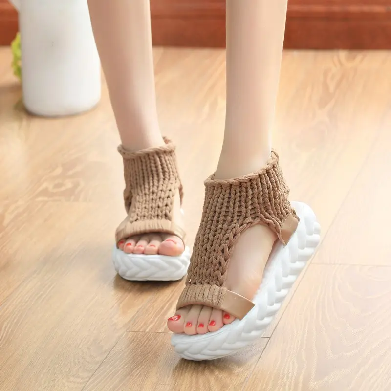 Summer New Fashion Round Toe Hand-woven Platform Heightened Non-slip Comfortable Versatile Soft Sole Women's Sandals