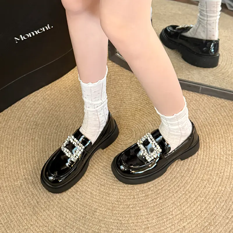 Women's Thick Heel Loafer Shoes Autumn New Round Head Deep Mouth Water Drill Buckle Thick Sole Non-slip Single Shoes