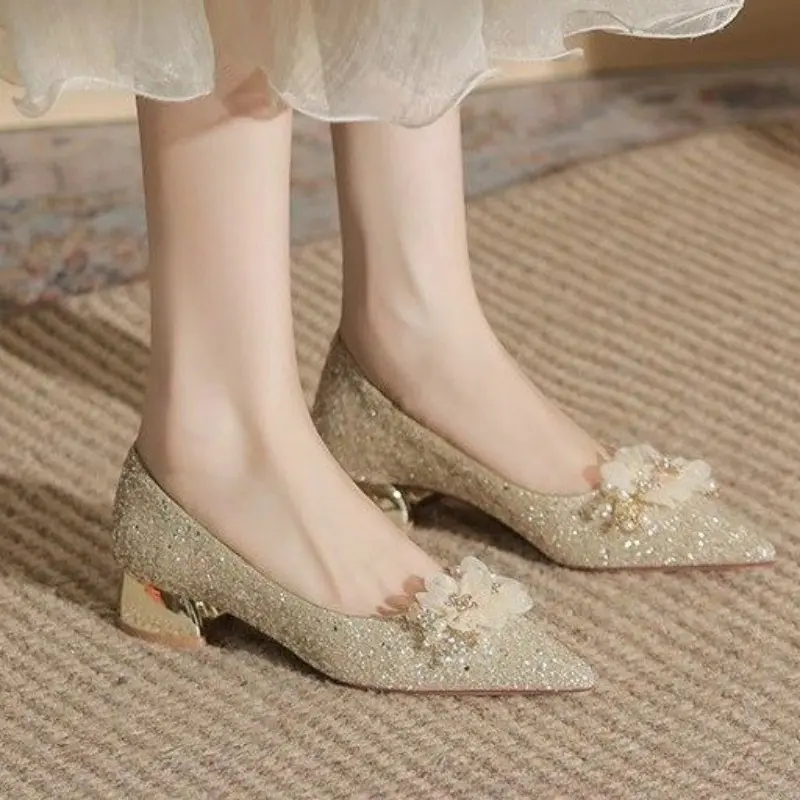 Fall New Coarse Heel Shoes Women's Pointed Head Glitter Cloth Flowers Anti-slip Wear-resistant Low-top Shoes