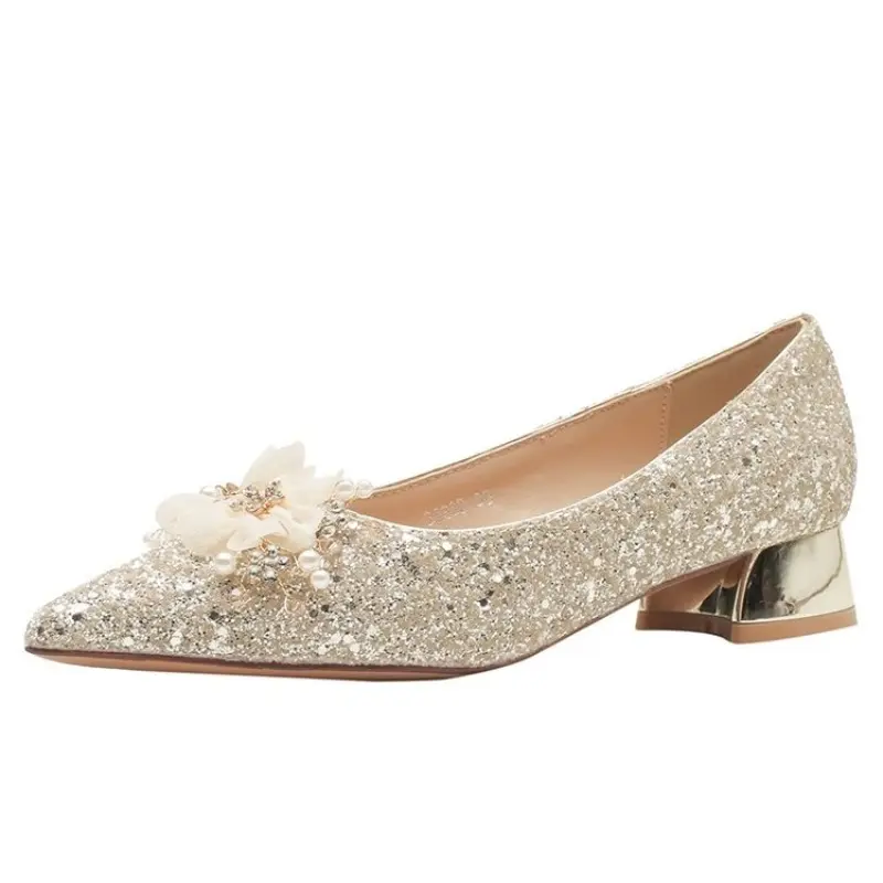 Fall New Coarse Heel Shoes Women's Pointed Head Glitter Cloth Flowers Anti-slip Wear-resistant Low-top Shoes