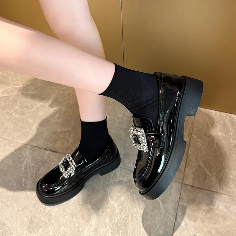 Women's Thick Heel Loafer Shoes Autumn New Round Head Deep Mouth Water Drill Buckle Thick Sole Non-slip Single Shoes