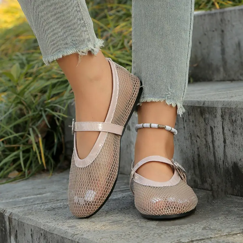 Spring New Sandals Women's Fashion Round Head Shallow Mouth Net Cloth Metal Buckle A Word with Soft Sole Non-slip Flat Shoes