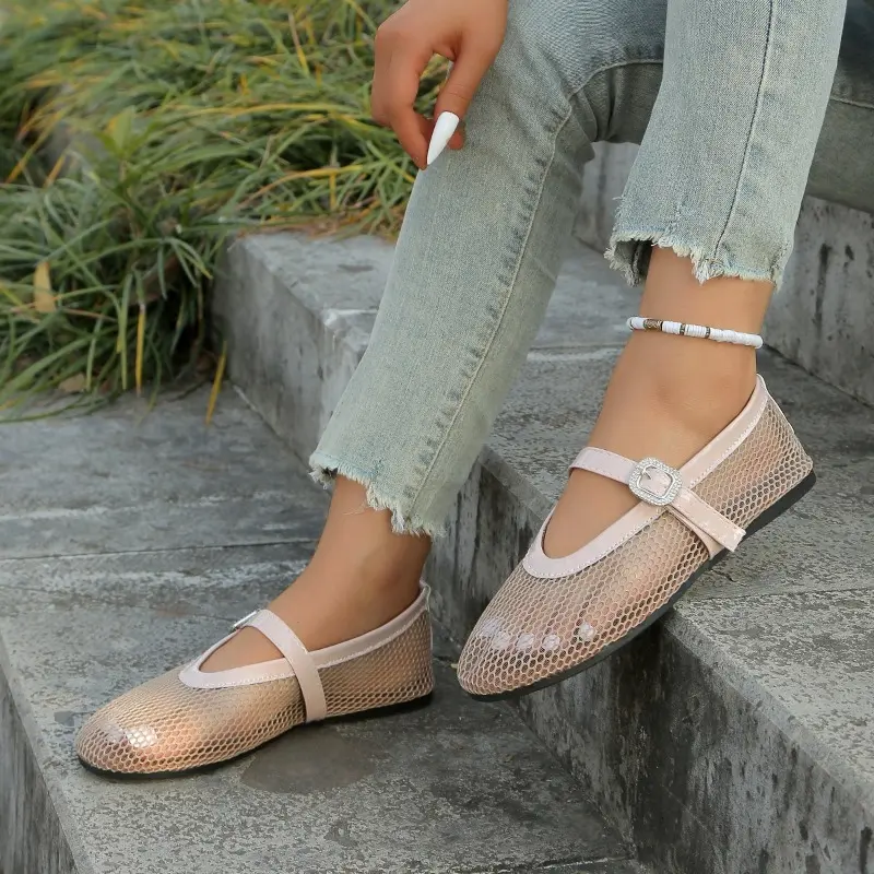 Spring New Sandals Women's Fashion Round Head Shallow Mouth Net Cloth Metal Buckle A Word with Soft Sole Non-slip Flat Shoes