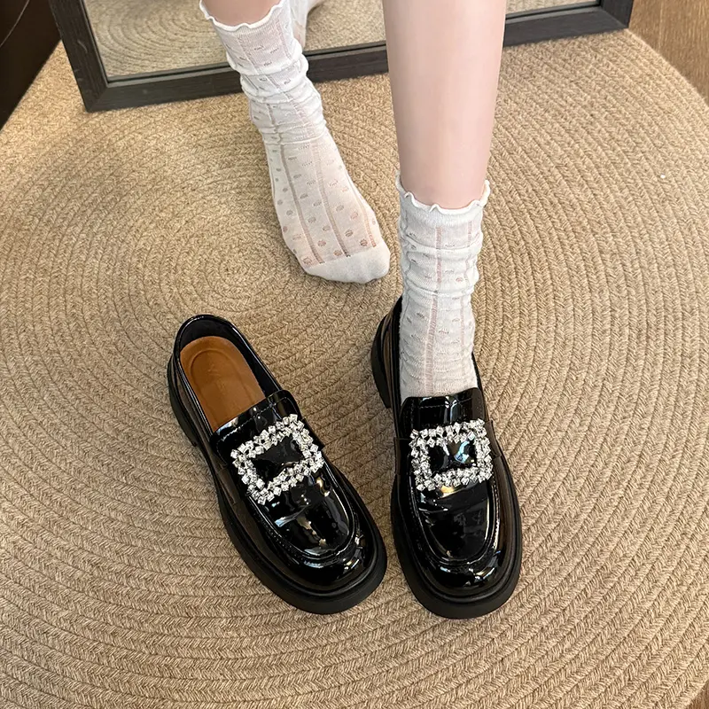 Women's Thick Heel Loafer Shoes Autumn New Round Head Deep Mouth Water Drill Buckle Thick Sole Non-slip Single Shoes