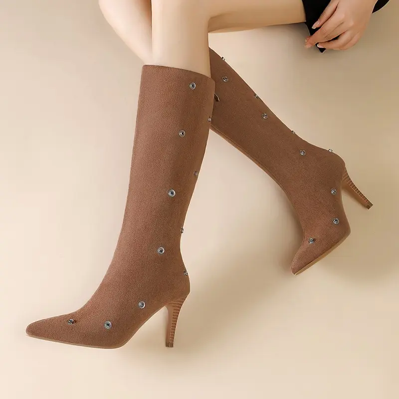 Temperament Stiletto High Boots Women's Fashion Pointed Toe Suede Studded Rear Zipper Anti-Slip Wear-Resistant High Heels