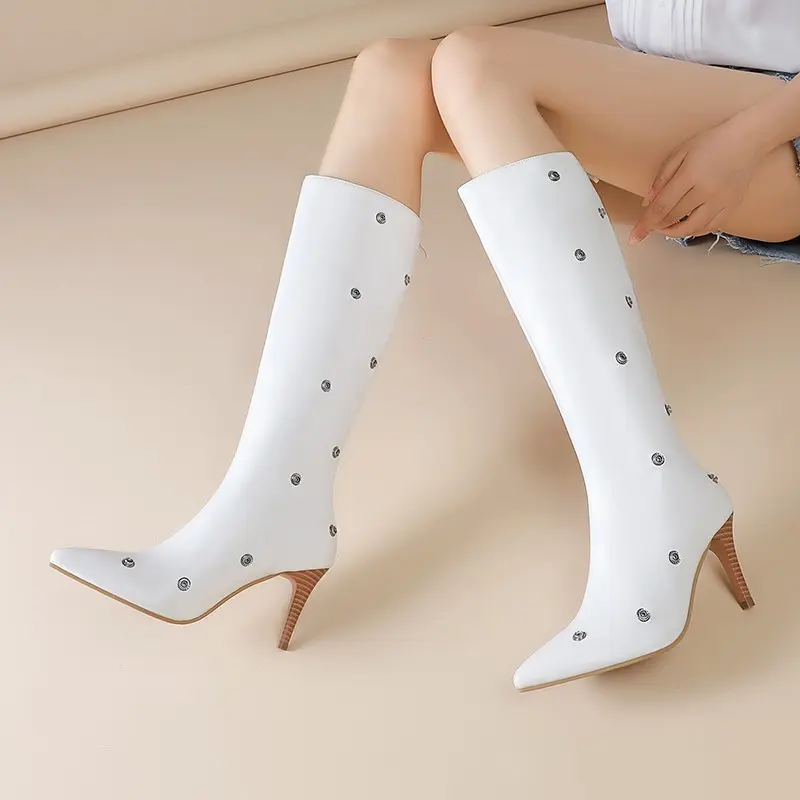 Temperament Stiletto High Boots Women's Fashion Pointed Toe Suede Studded Rear Zipper Anti-Slip Wear-Resistant High Heels