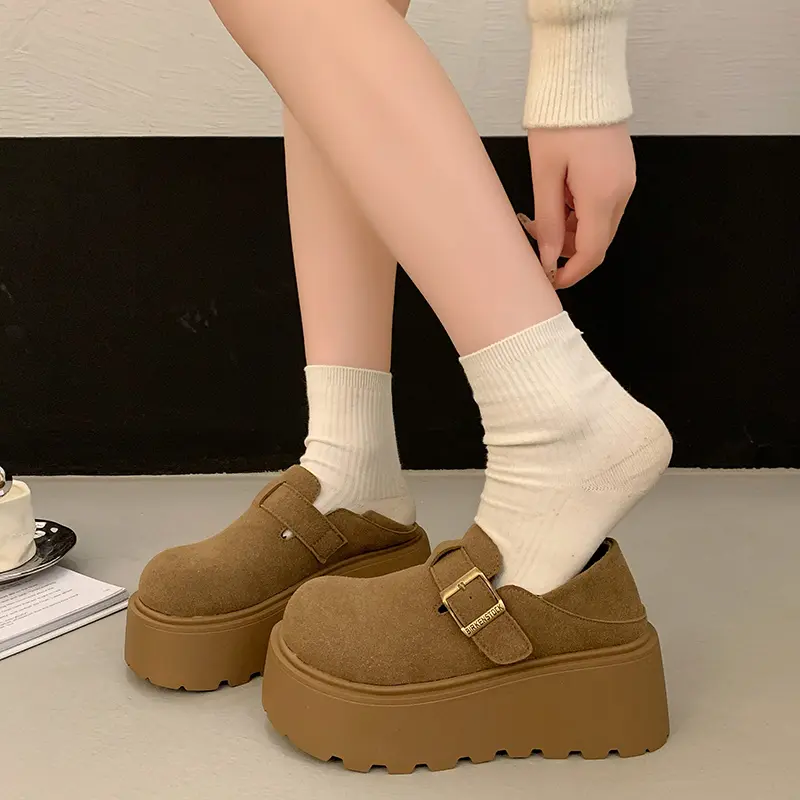Fall New Slope Heel Single Shoes Women's Fashion Round Head Suede Deep Mouth Thick Sole Non-slip Low-top Shoes
