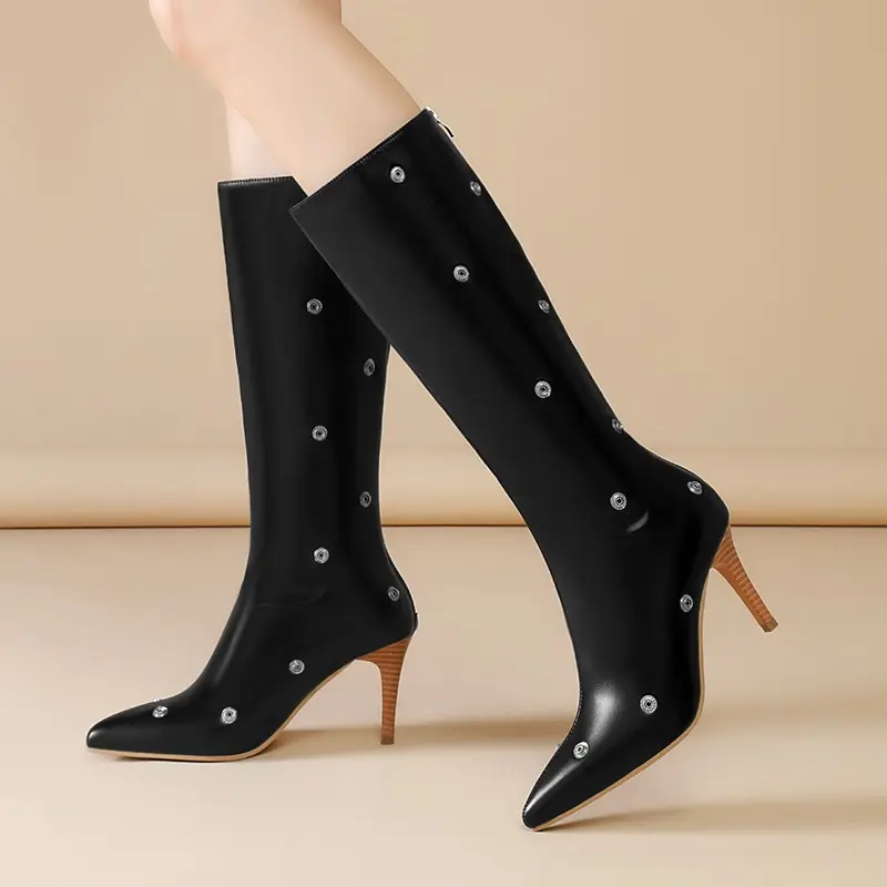 Temperament Stiletto High Boots Women's Fashion Pointed Toe Suede Studded Rear Zipper Anti-Slip Wear-Resistant High Heels