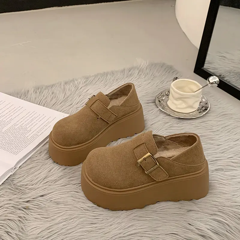 Fall New Slope Heel Single Shoes Women's Fashion Round Head Suede Deep Mouth Thick Sole Non-slip Low-top Shoes