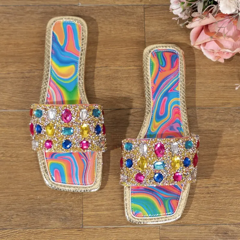 Fairy Style, Home Casual, Fashionable, Versatile, Rhinestone Sandals, Women's Summer Wears New Fashionable Flat Slippers