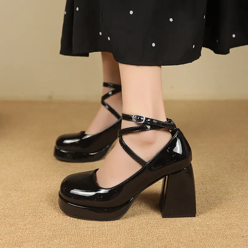 Women's Chunky Single Shoes Autumn New Round Head Shallow Mouth Cross Strap Platform Non-slip High Heels