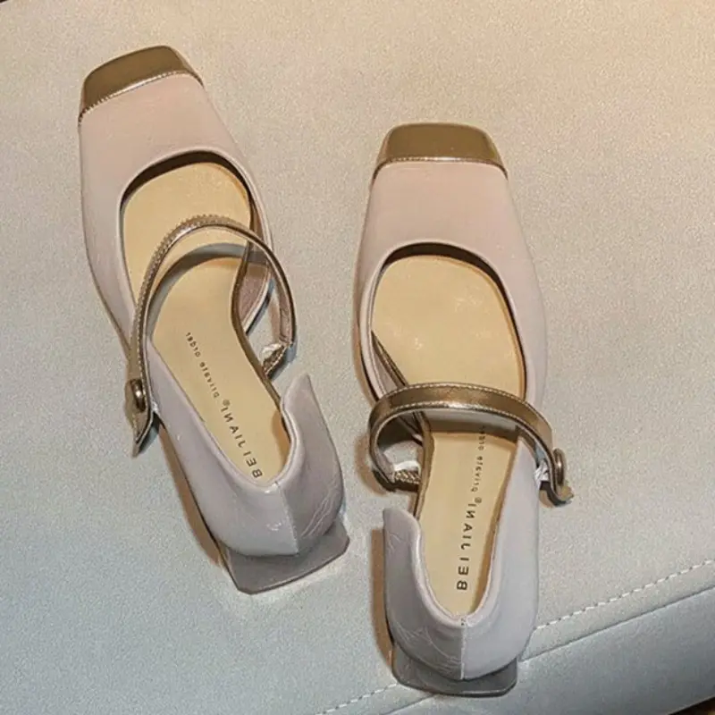 Women's Thick Heel Shoes Spring New Square Head Shallow Mouth Splicing A Word Buckle Waterproof Non-slip Low-top Shoes