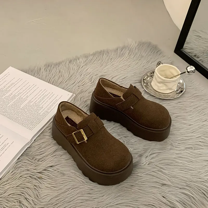 Fall New Slope Heel Single Shoes Women's Fashion Round Head Suede Deep Mouth Thick Sole Non-slip Low-top Shoes