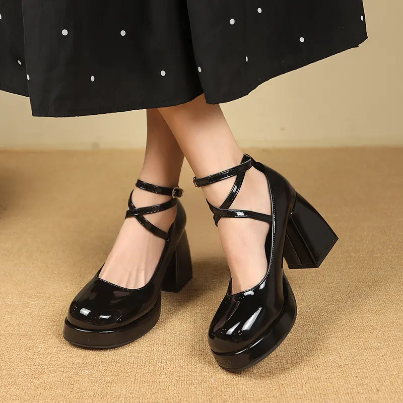 Women's Chunky Single Shoes Autumn New Round Head Shallow Mouth Cross Strap Platform Non-slip High Heels