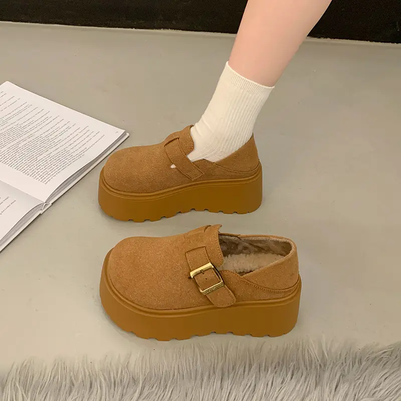 Fall New Slope Heel Single Shoes Women's Fashion Round Head Suede Deep Mouth Thick Sole Non-slip Low-top Shoes