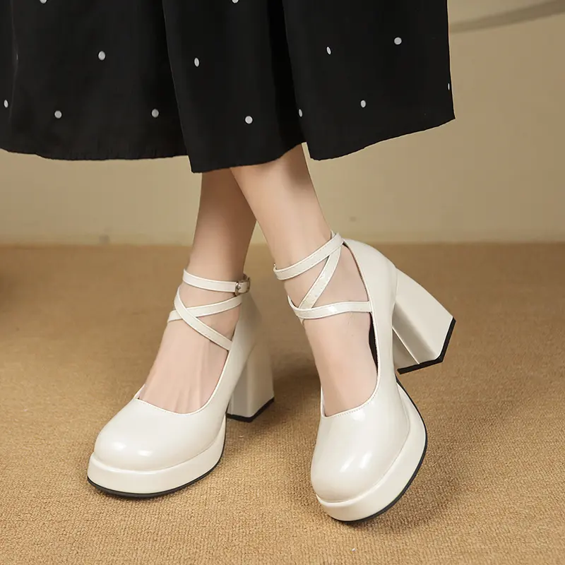 Women's Chunky Single Shoes Autumn New Round Head Shallow Mouth Cross Strap Platform Non-slip High Heels