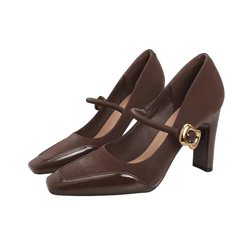Women's Fashion Thick Heel Shoes Spring New Square Head Shallow Mouth Splicing Metal One-line Buckle Non-slip High Heels